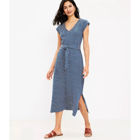 LOFT Dresses & Skirts - LOFT Blue & White Stripe Cap Sleeve Tie Waist Split Side Maxi Dress Size XL